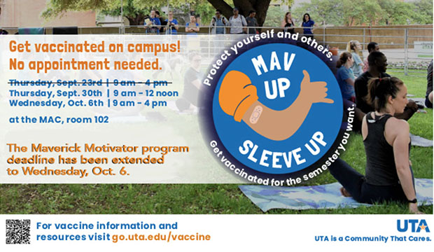 Get vaccinated on campus! No appointment needed.