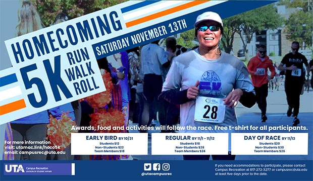 Homecoming 5K Run Walk Roll. Saturday, Nov. 13th. Awards, food, and activities will follow the race. Free T-shirt for all participants. For more information, visit utamac.link/hoco5k.