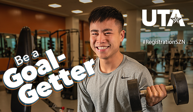 Young Asian man working out at gym with text "Be a Goal-Getter"