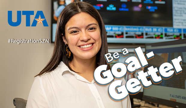 Young Hispanic woman with text "Be a Goal-Getter"