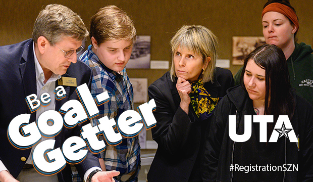 Professor with four students with text "Be a Goal-Getter"