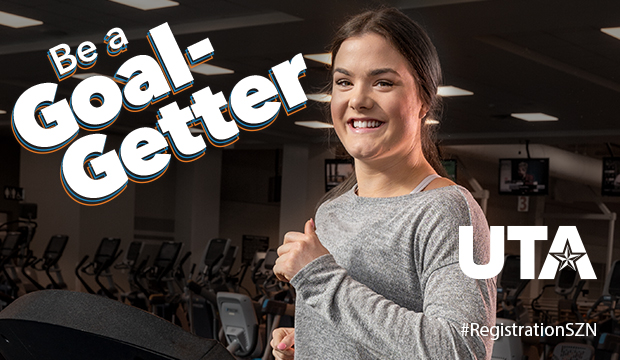Young woman running on treadmill with text "Be a Goal-Getter"
