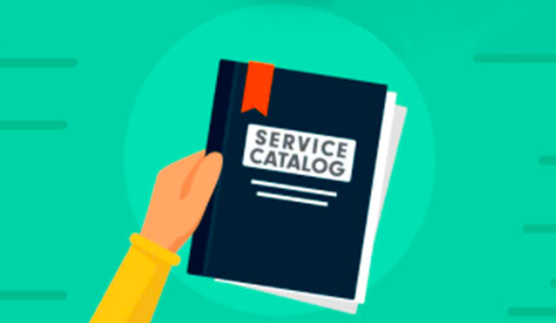 Drawing of hand holding book that is titled "Service Catalog"