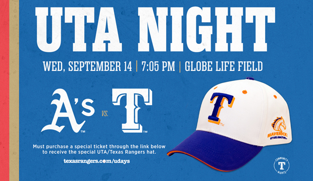 UTA Night at the Rangers. Wednesday, Sept. 14, 7:05 p.m. Globe Life Field. Texas Rangers vs. Oakland A's.