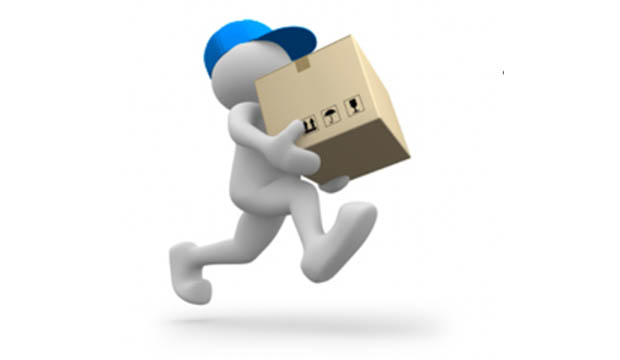Graphic of a delivery person with a box.