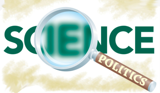 "Politics" magnifying glass over the word "science"