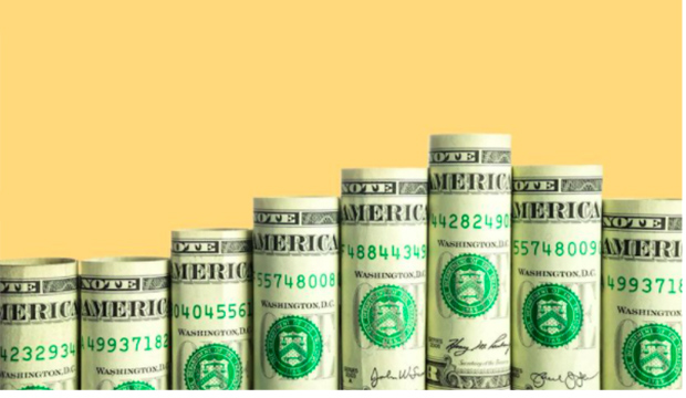 Row of rolled up dollar bills.