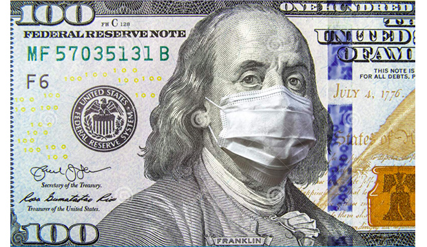A $100 bill with Ben Franklin wearing a mask.