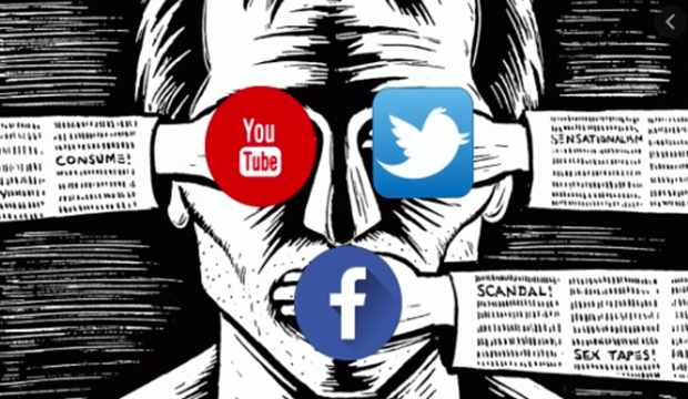 Drawing of man's face with his eyes and mouth coverd by hands. The hands show logos for YouTube, Facebook, and Twitter.