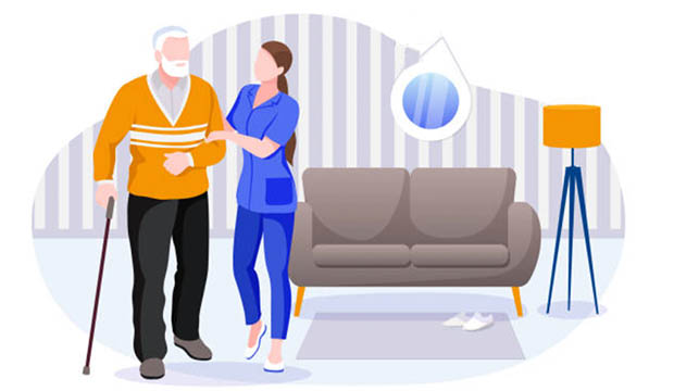 Older man with younger nurse in home setting.