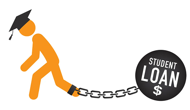 Student loan debt shown as ball and chain.