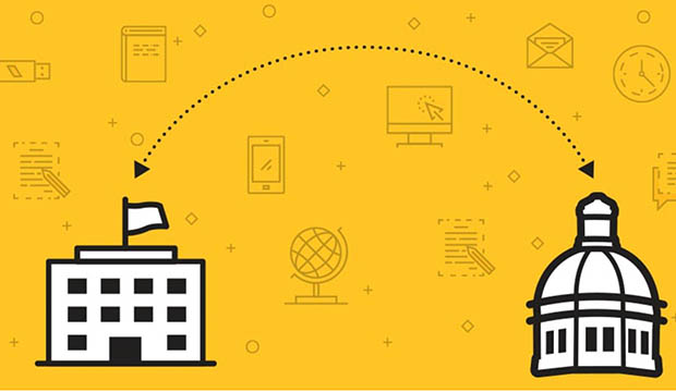 Arrow pointing from one university building to another, indicating transfer of credits.