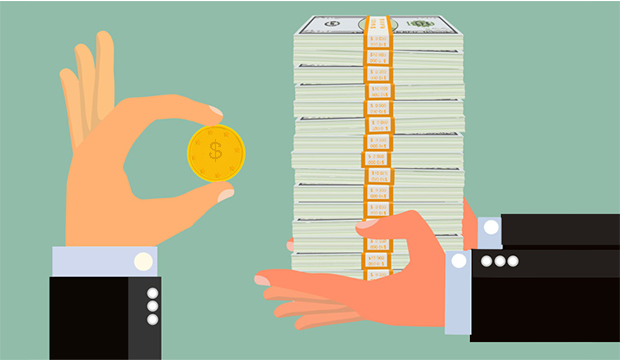 Drawing of a hand holding a coin and two other hands offering a large stack of paper money.