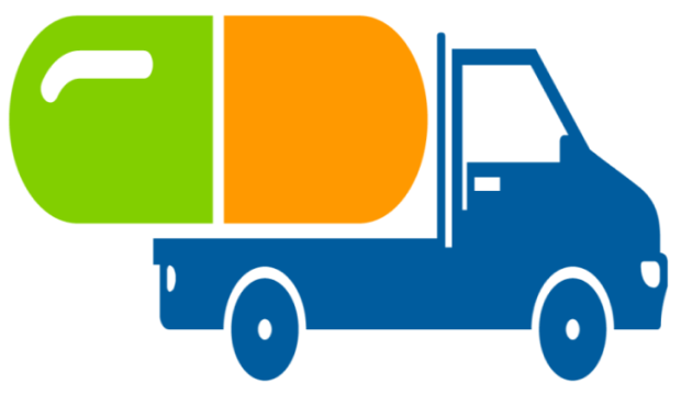 drawing of a truck hauling a large pill.