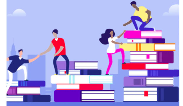 Graphic showing students climbing upward on stacks of books.
