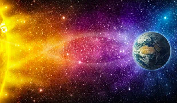 Space weather shown as a solar flare and the Earth's magnetic field.