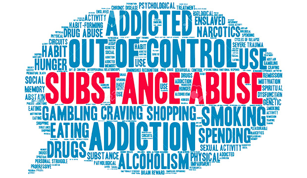 Numerous words about substance abuse in shape of quote bubble.