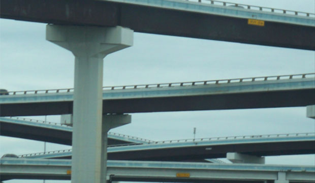 multiple layers of highway bridges.