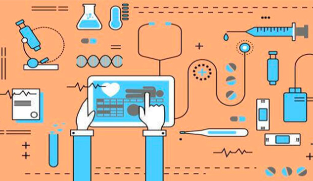 graphic of medial items, such as stethoscope and more, and computer