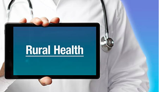 Person wearing white coat and stethoscope holding a tablet that reads "Rural Health."