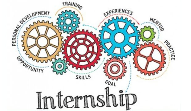 Graphic titled Internship with cogs and wheels with text "Personal Development. Opportunity. Training. Skills. Goal. Experiences. Mentor. Practice."