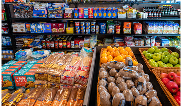 Full shelves at the Maverick Pantry.
