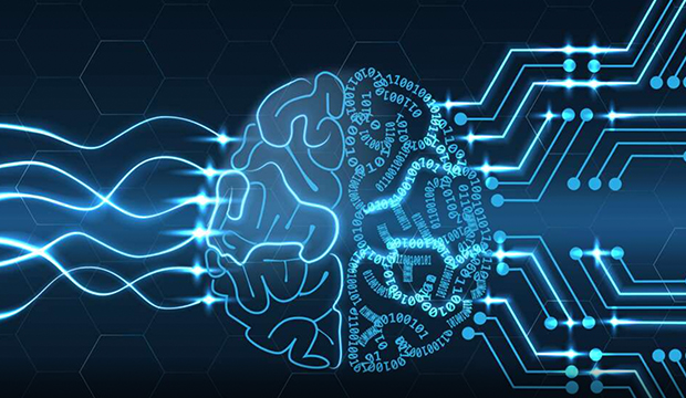 Blueprint of brain in center with wavy lines on left and digitial-like lines on right.