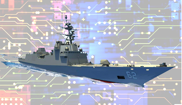 Naval ship in front of image of digital connections.