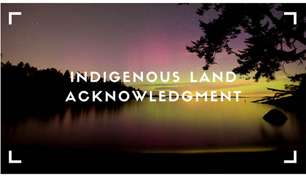 Sunset on lake with word "Indigenous Land Acknowledgement"