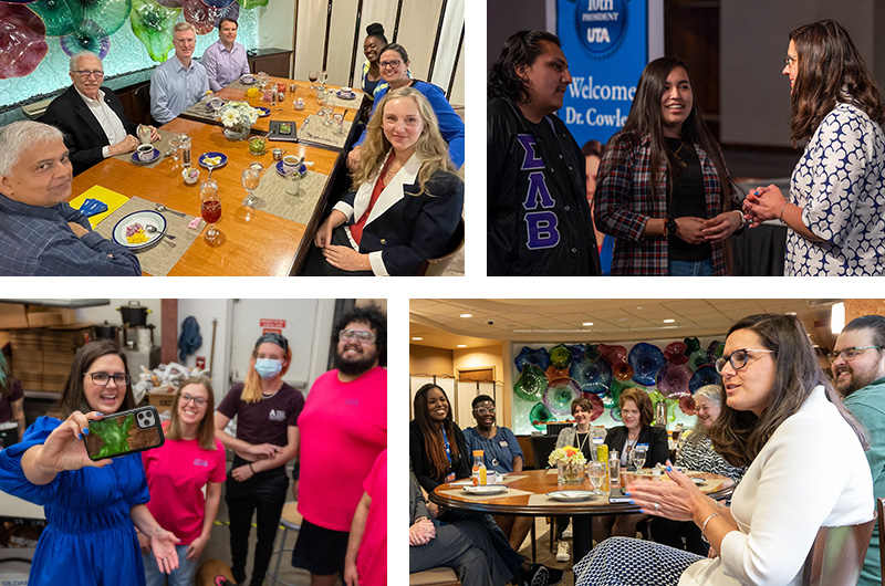 Four pictures of President Cowley with Faculty Senate, talking to students at the campus BBQ, taking a selfie with students, and meeting with Staff Advisory Council