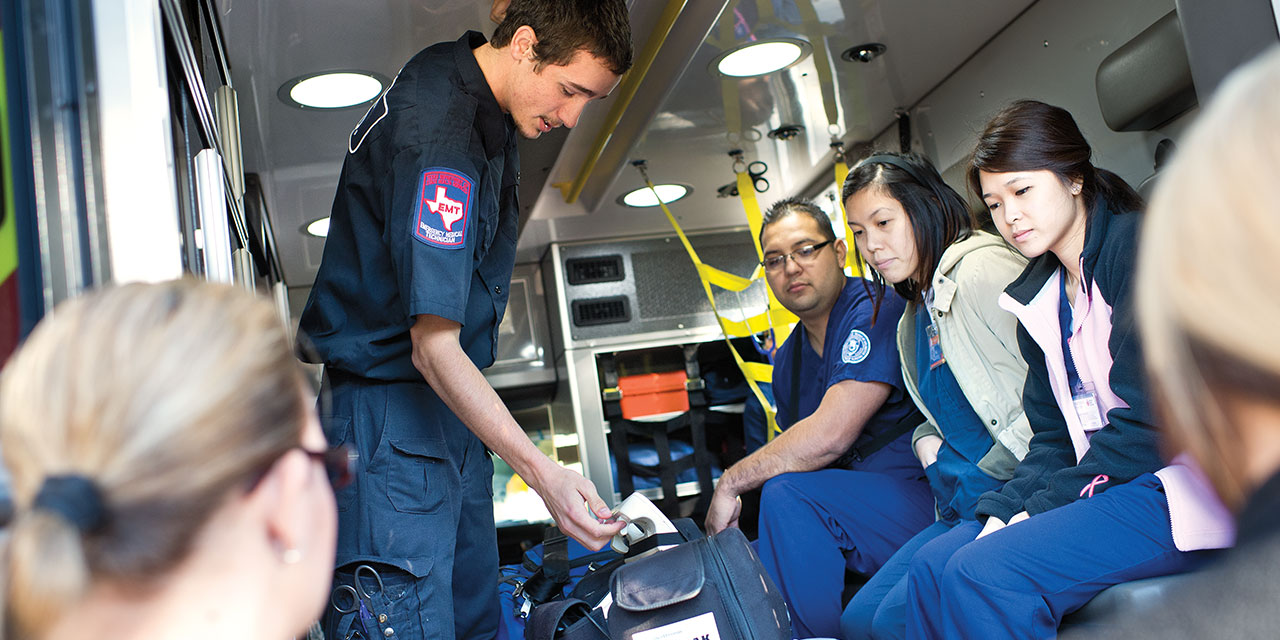 Students learning in an ambulance