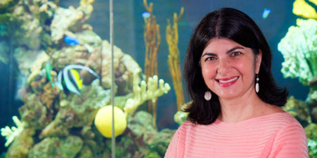 Associate Professor Laura Mydlarz in front of corals