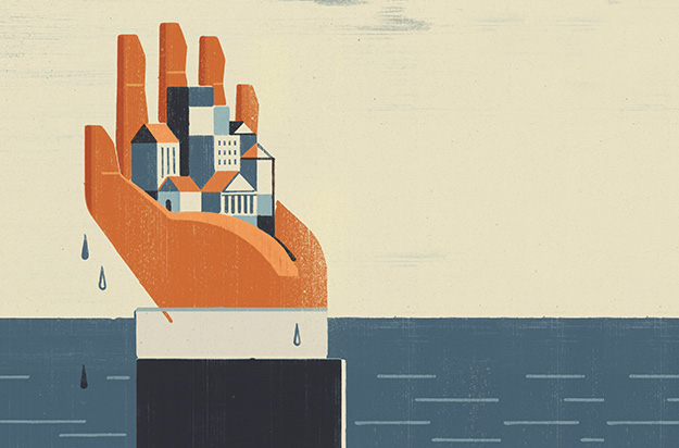 Hand holding a city above water illustration
