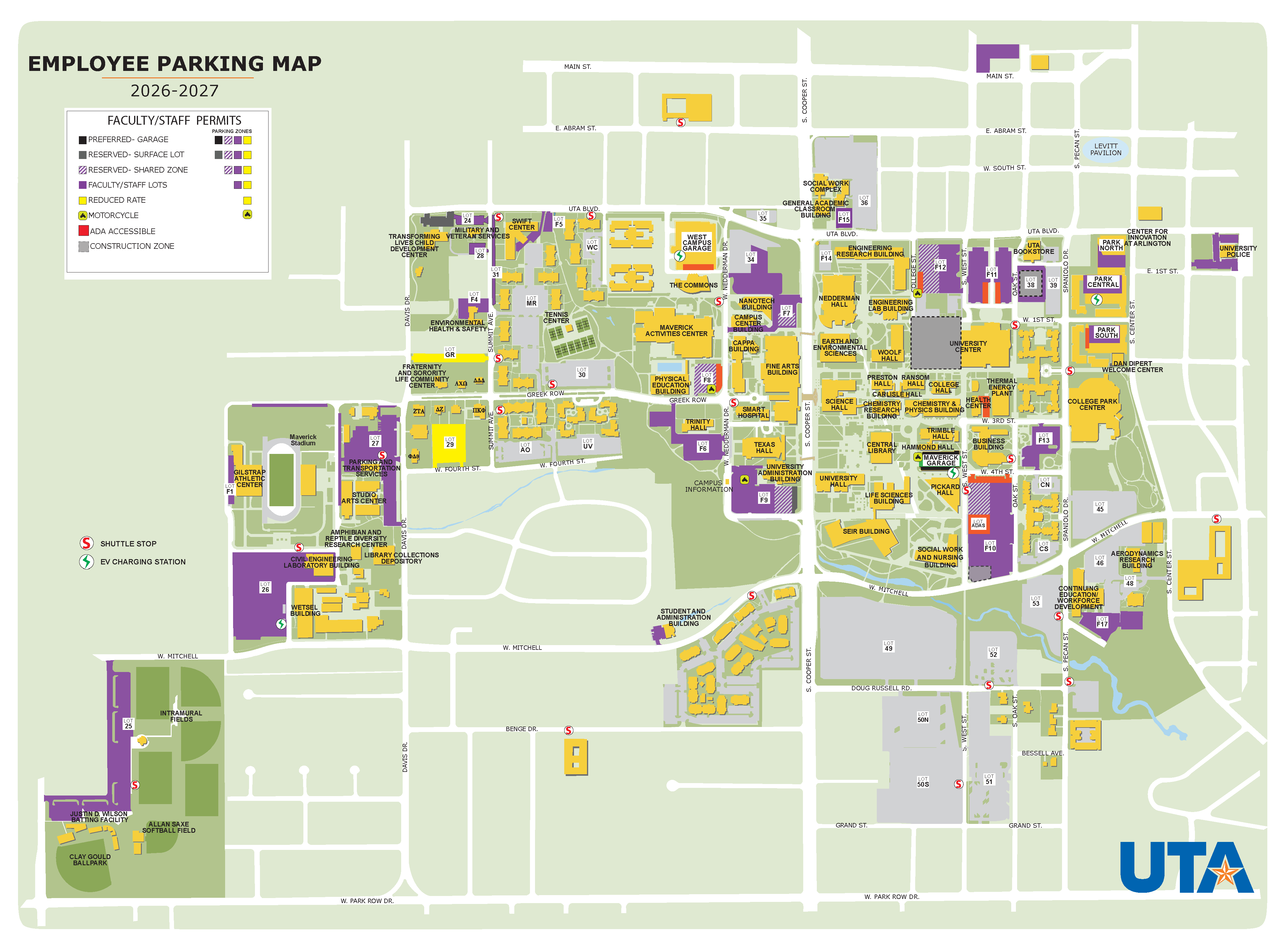 Campus map for the University of Texas at Arlington showing 2026–2027 employee parking. Color-coded and patterned parking areas identify faculty and staff permit lots, preferred garages, reserved surface lots, reserved shared zones, reduced-rate parking, motorcycle parking, accessible parking, construction zones, shuttle stops, and EV charging stations.