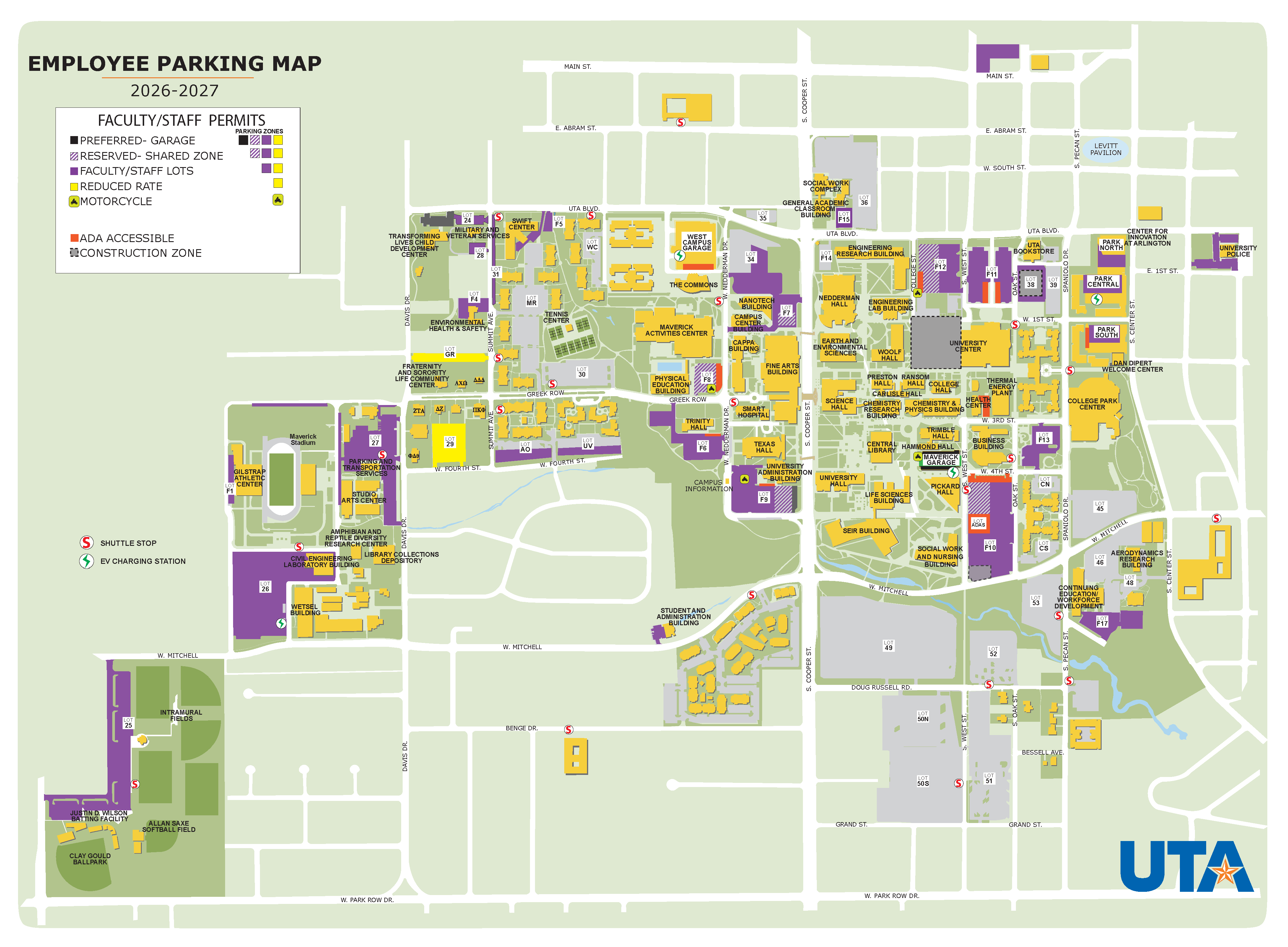 Campus map for the University of Texas at Arlington showing 2026–2027 employee parking. Color-coded and patterned parking areas identify faculty and staff permit lots, preferred garages, reserved surface lots, reserved shared zones, reduced-rate parking, motorcycle parking, accessible parking, construction zones, shuttle stops, and EV charging stations.