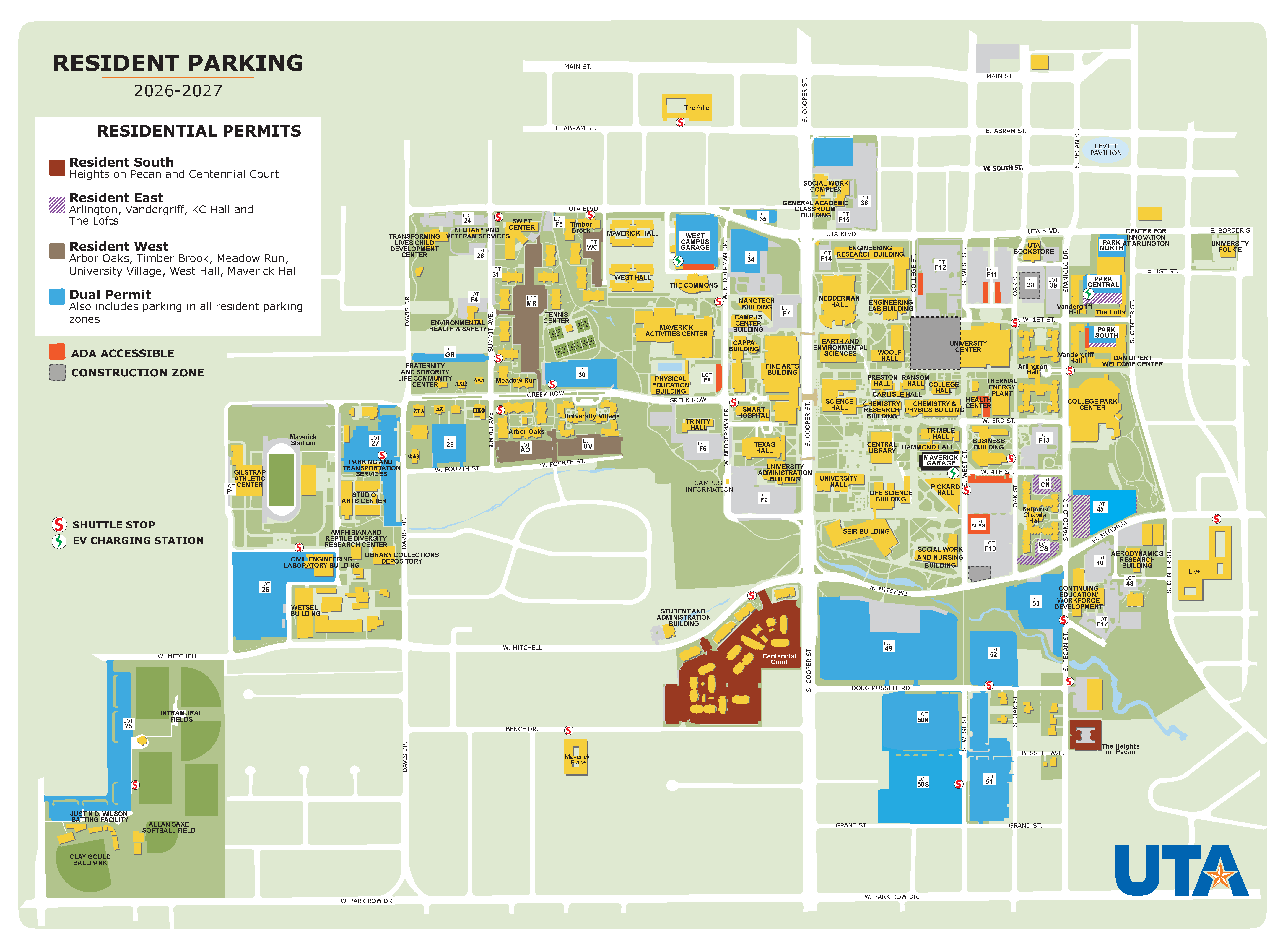 Campus map for the University of Texas at Arlington showing 2026–2027 resident parking permit locations. Color-coded areas identify Resident South, Resident East, Resident West, and Dual Permit parking, along with residence halls, parking lots, shuttle stops, EV charging stations, accessible parking, and construction zones.