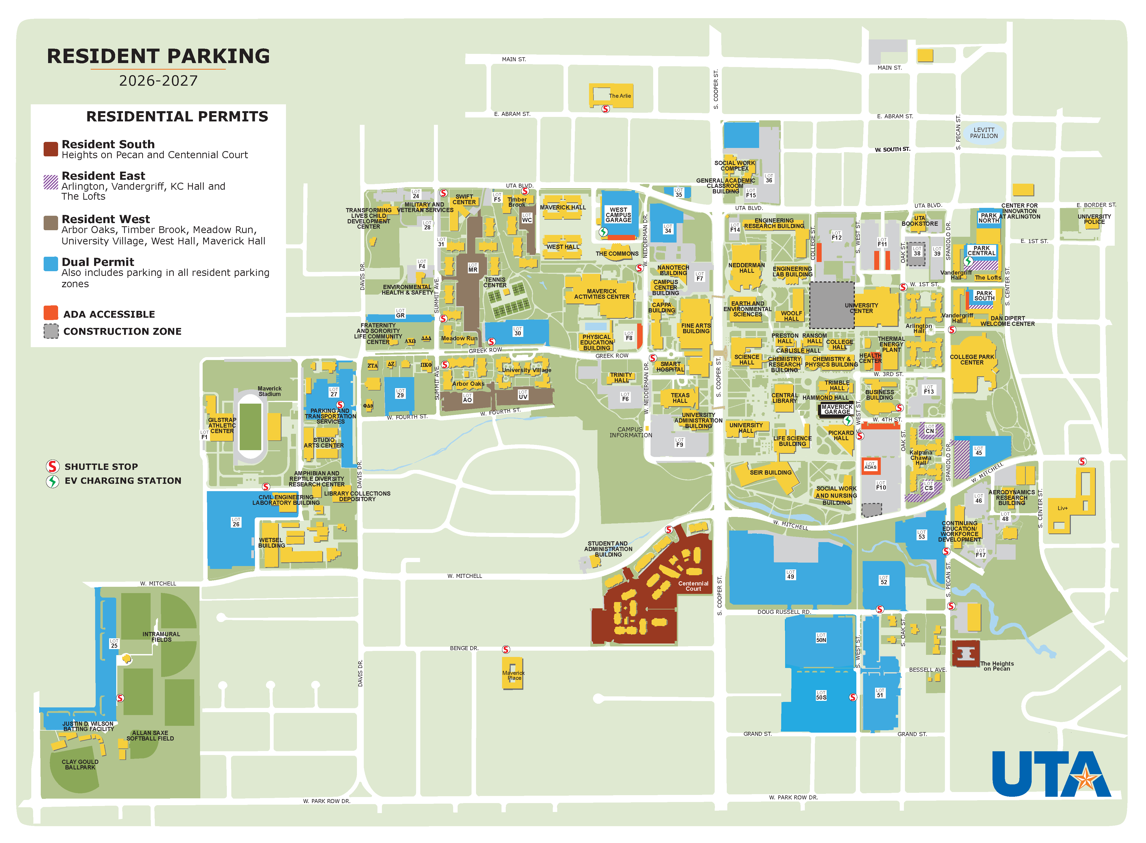 Campus map for the University of Texas at Arlington showing 2026–2027 resident parking permit locations. Color-coded areas identify Resident South, Resident East, Resident West, and Dual Permit parking, along with residence halls, parking lots, shuttle stops, EV charging stations, accessible parking, and construction zones.