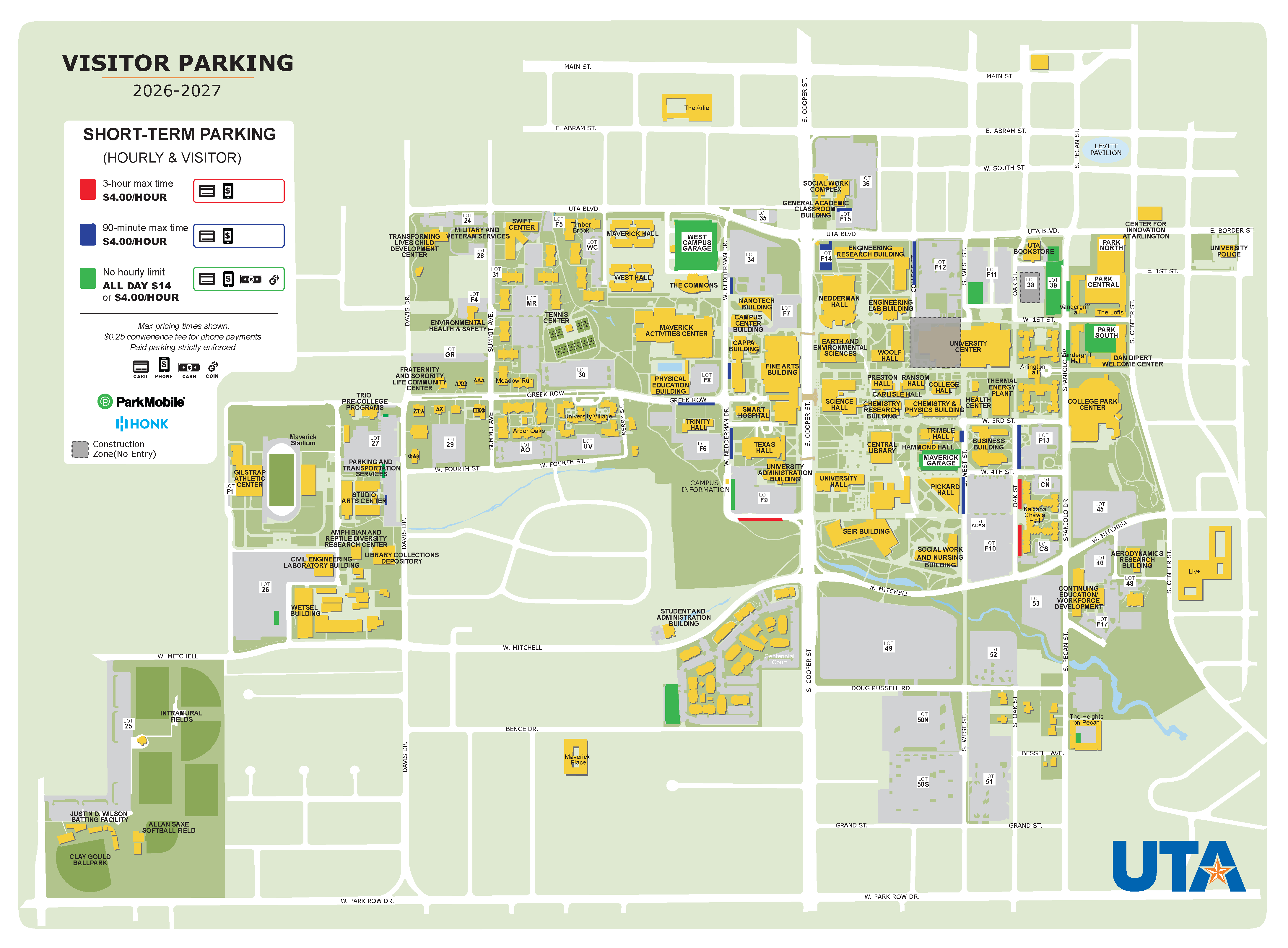 Campus map for the University of Texas at Arlington showing visitor parking locations for the 2026–2027 academic year. Color-coded parking areas identify short-term hourly parking with 90-minute, 3-hour, and no-hour-limit options, along with payment methods, construction zones, and campus buildings.
