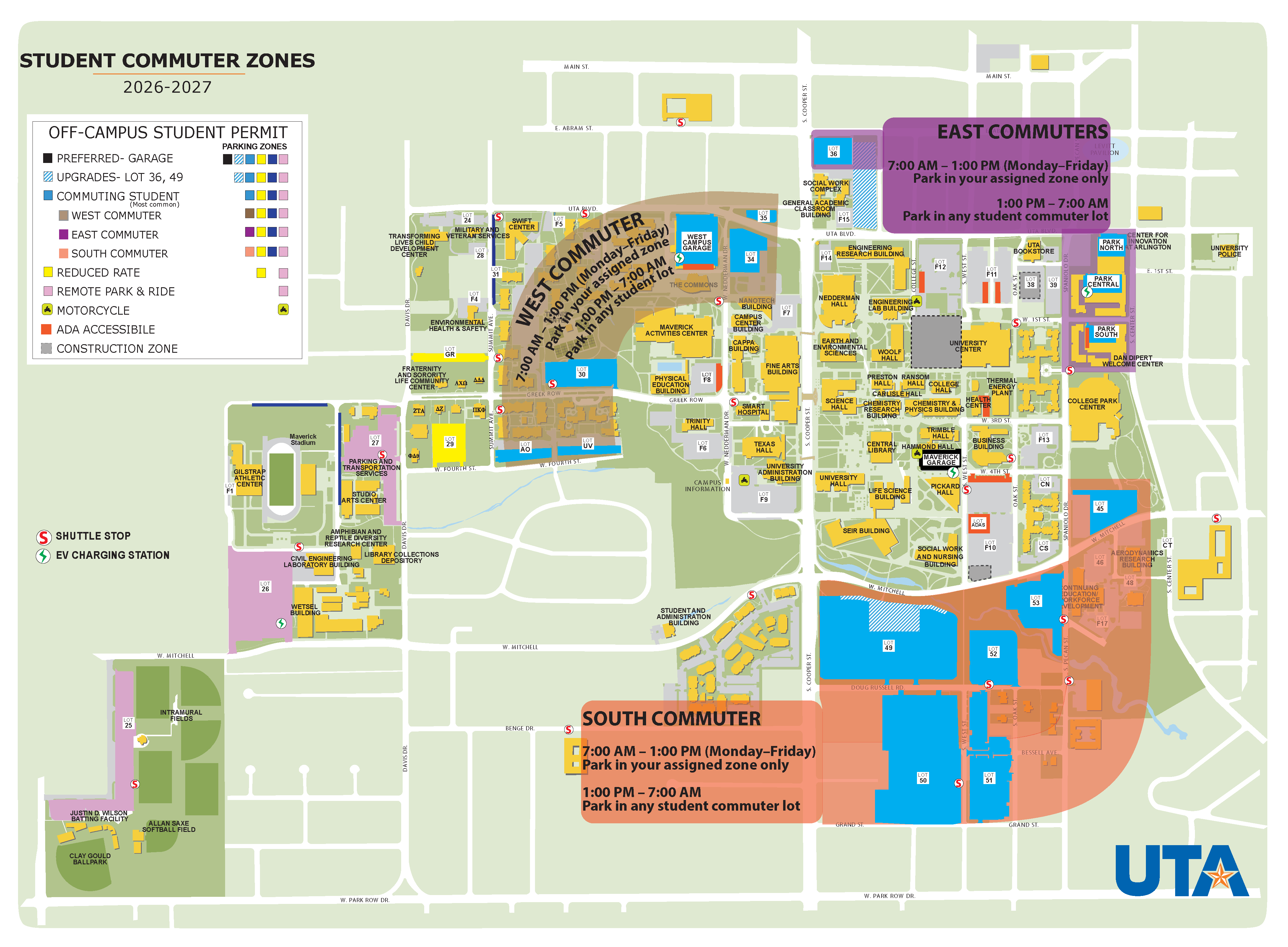 This map illustrates the University of Texas at Arlington's 2026–2027 Student Commuter Zones for off-campus student parking permits. Three color-coded commuter zones are shown: West Commuter (brown overlay covering the west-central portion of campus), East Commuter (purple overlay covering the northeast side of campus), and South Commuter (orange overlay covering the southeast side of campus). Permit holders must park within their assigned commuter zone between 7:00 a.m. and 1:00 p.m., Monday through Friday. From 1:00 p.m. to 7:00 a.m., permit holders may park in any student commuter lot. The map also identifies campus buildings, parking garages and surface lots, shuttle stops, EV charging stations, accessible parking, motorcycle parking, reduced-rate parking, remote Park & Ride locations, and construction zones. A legend explains permit colors and parking designations
