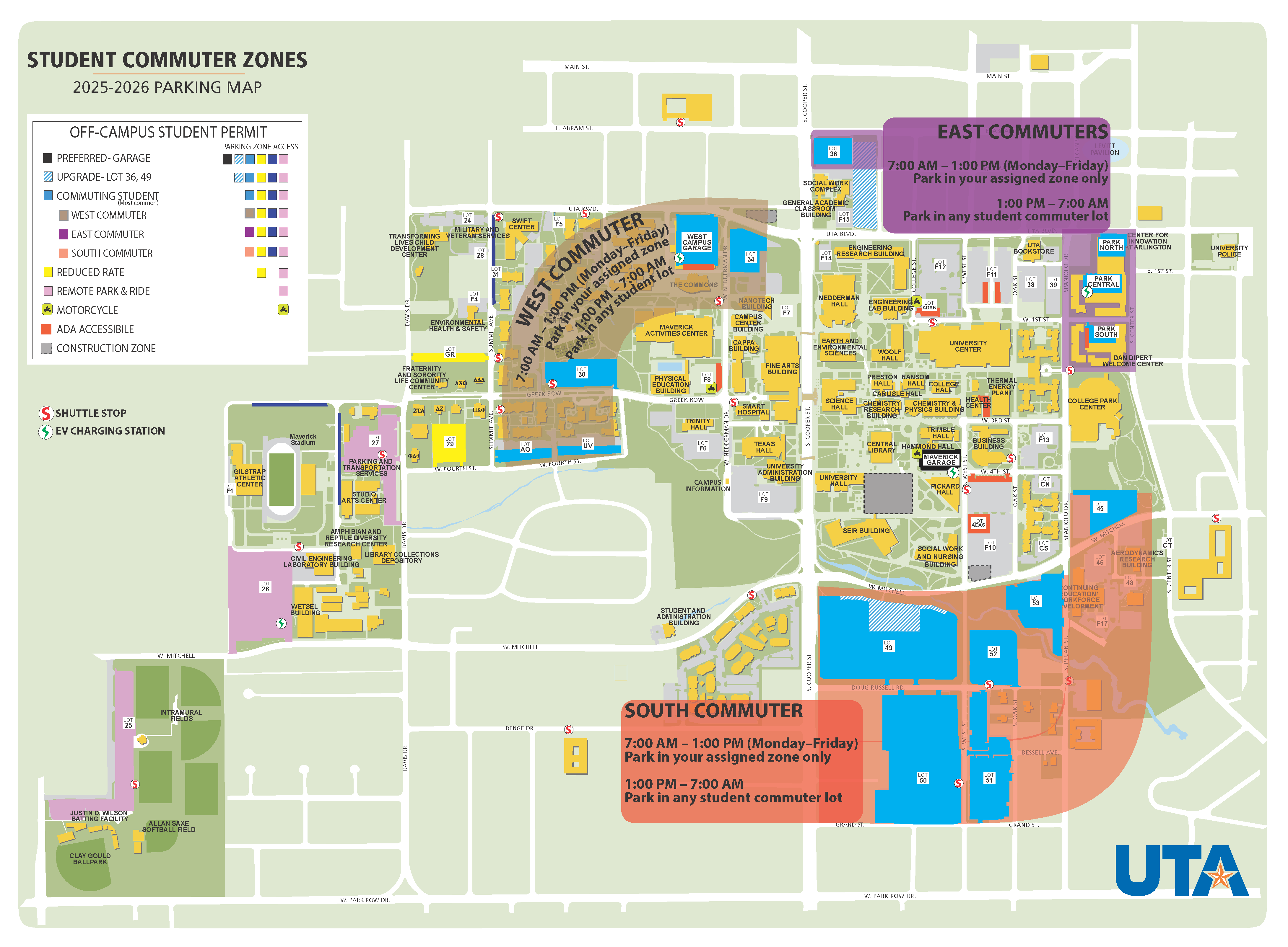 Student Commuter Parking Zones Returning for Spring 2026.  South Zone – Lots 49, 50, 51, 52, 53, and 45 (Capacity: 7,100 permits)  East Zone – College Park Garages and Lot 36 (General) (Capacity: 1,935 permits)  West Zone – West Campus Garage, Lots 30 and 34, University Village, and Arbor Oaks (Capacity: 3,566 permits)