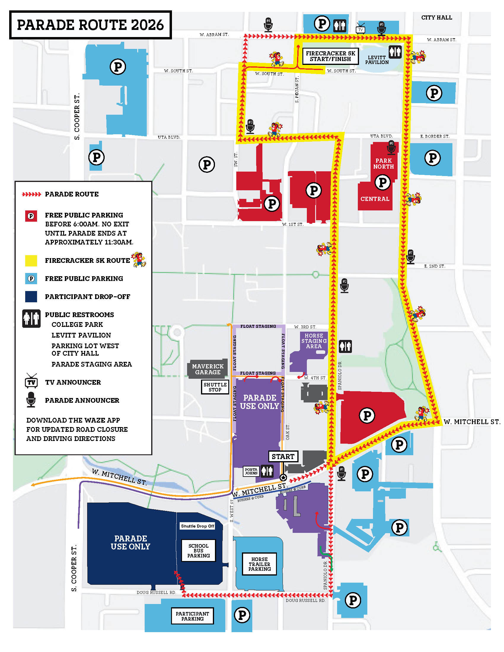 Map titled "Parade Route 2026" showing the parade route through downtown Arlington. The parade begins near West Mitchell Street, travels north along Mesquite Street, loops through downtown near Levitt Pavilion and City Hall, then returns south along the eastern side of downtown before ending near West Mitchell Street. The map also highlights the Firecracker 5K route and start/finish near Levitt Pavilion, free public parking lots, participant parking and drop-off, parade staging areas, horse staging, shuttle stop, public restrooms, TV and parade announcer locations, and notes that some public parking is restricted until the parade ends.