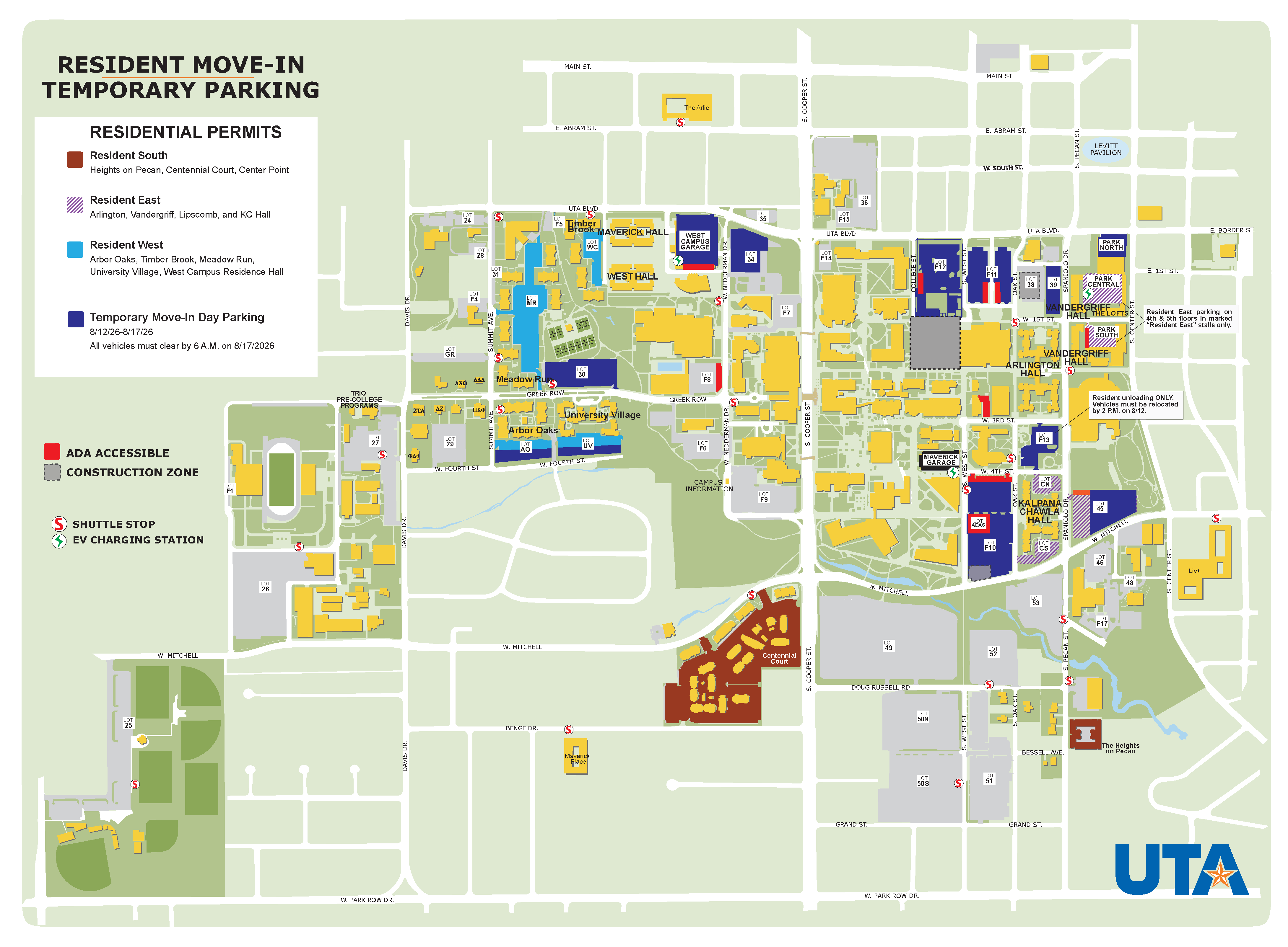 Map of the UT Arlington campus showing temporary resident move-in parking locations for August 12–17, 2026. The map identifies temporary parking areas, residence hall unloading zones, Resident East, Resident West, and Resident South permit parking areas, ADA-accessible parking, construction zones, shuttle stops, and EV charging stations.