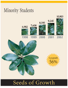 graph showing a 56% increase in the number of minority students over 5 years to 10,903