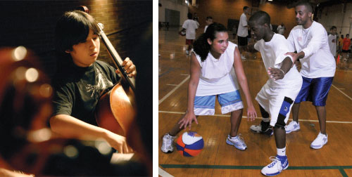 child plays cello, children play basketball
