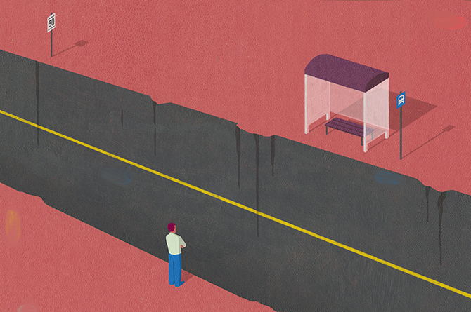 Illustration of man waiting at bus stop in desert
