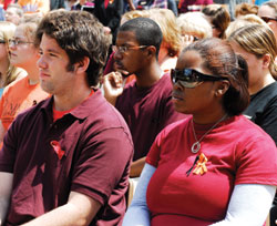 Students listen to President Spaniolo Students listen to President Spaniolo