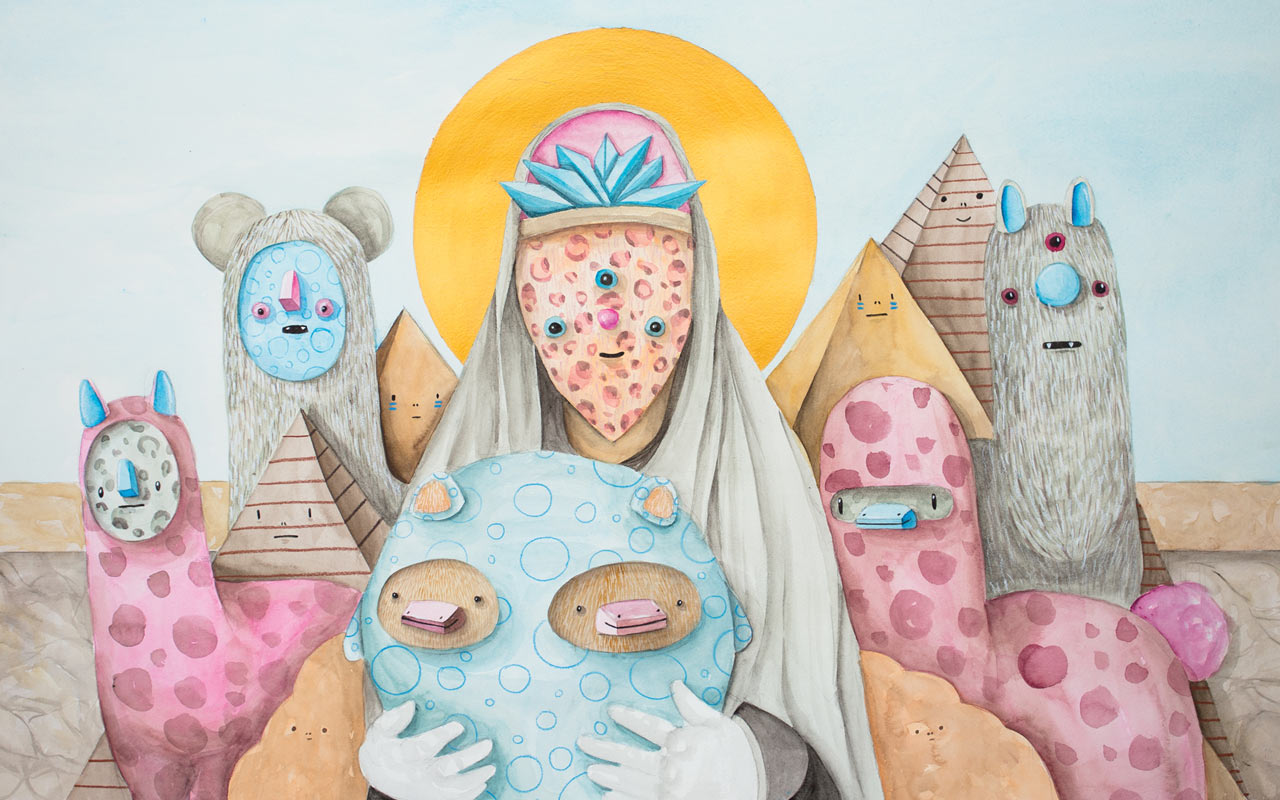 Painting of creatures in front of pyramids