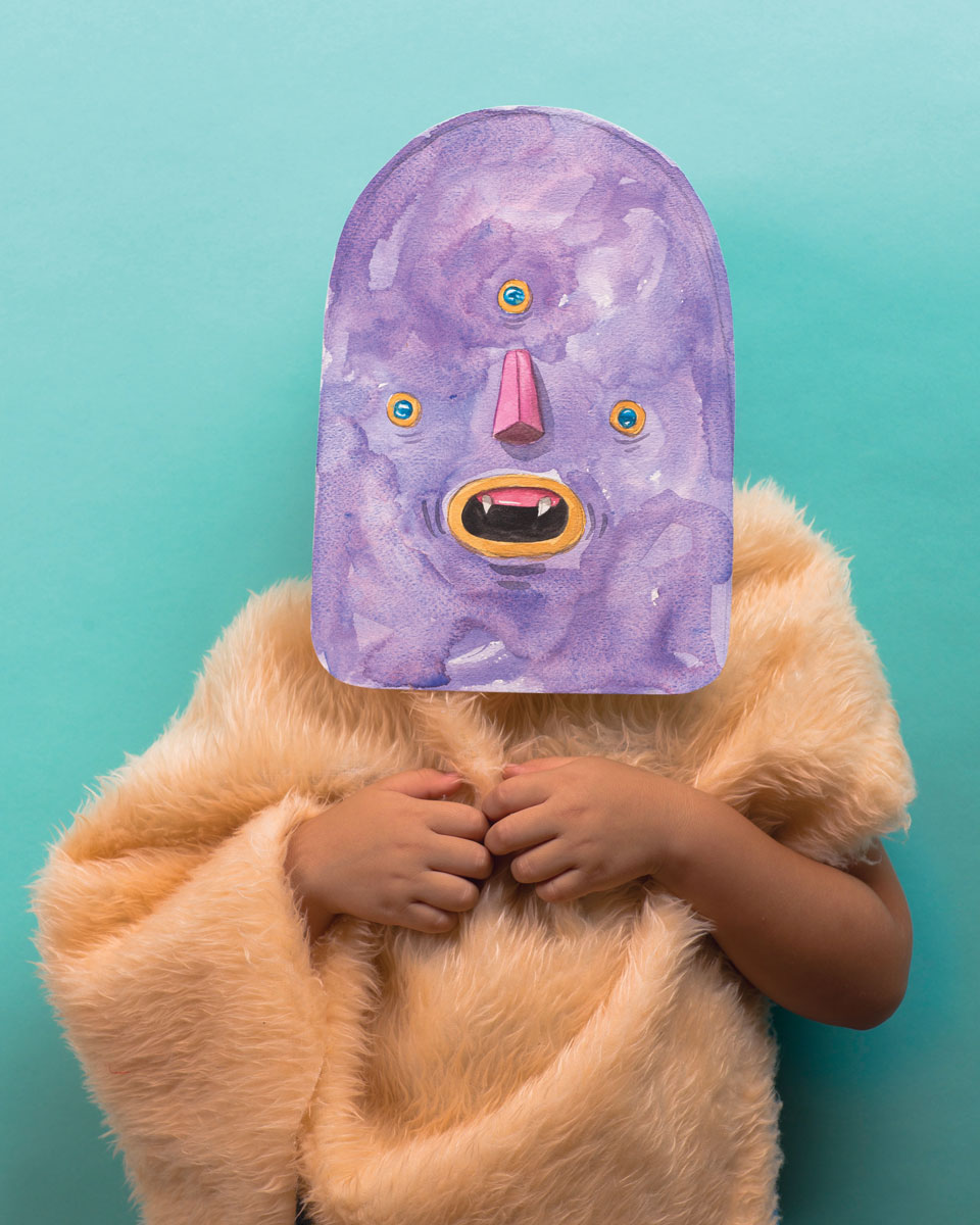 Person wearing one of a purple mask and fur shaw