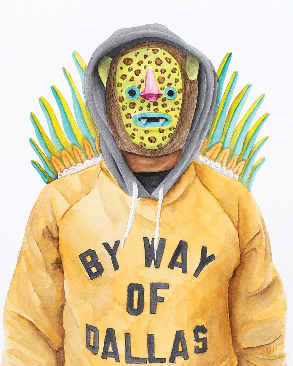 Painting of a man with leopard face wearing a Dallas hoodie
