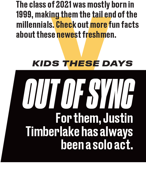 The class of 2021 was mostly born in 1999, making them the tail end of the millinnials. Check out more fun facts about these newest freshmen. Kids These Days. Out of Sync. For them, Justin Timberlake has always been a solo act.